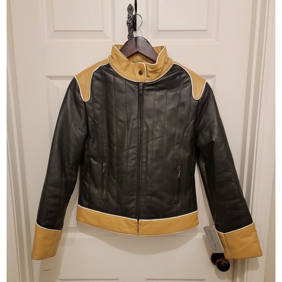 Women's Black Tan Leather Moto Jacket Sz M/L Biker Rocker Beautiful! NWT - Picture 1 of 16